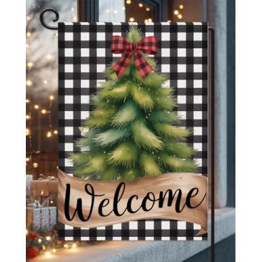 Imagem de Bandeira de jardim de pinheiro de Natal 30,5 x 45,7 cm vertical dupla face externa, xadrez de búfalo, inverno, quintal, quintal, gramado, decoração ao ar livre