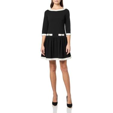 Imagem de Karl Lagerfeld Vestido feminino evasê crepe com acabamento contrastante gola canoa, Preto e branco macio, 36