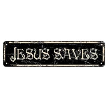 Imagem de Placa de metal rústico vintage Jesus Saves 10 x 40 cm, arte de parede engraçada para cozinha, bar ou decoração de pátio ao ar livre