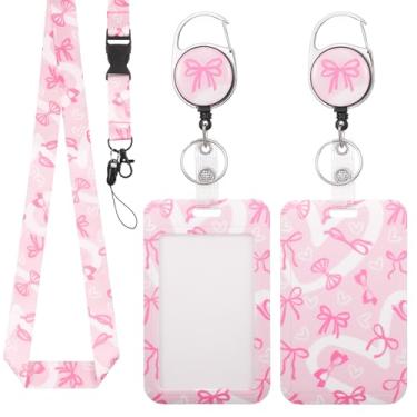 Imagem de LXUEJIE Porta-crachá rosa com cordão, estojo fofo e clipe retrátil para crachás de identificação, etiquetas de nome, suporte de cartão vertical, carretel de crachá para enfermeiras, médicos