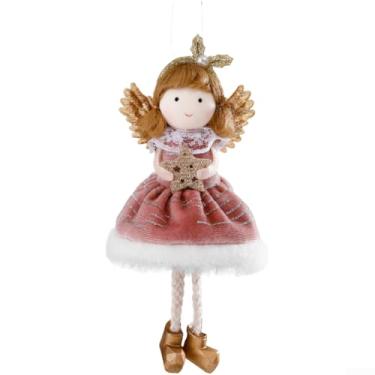 Imagem de Pingente de anjo de pelúcia rosa de Natal com asas delicadas e vestido charmoso, boneca decorativa de pano macio para decoração festiva de casa na sala de estar, quarto ou estudo