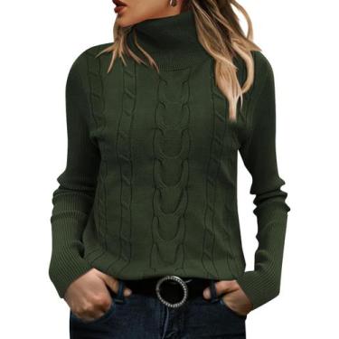 Imagem de Suéter QACOHU, gola alta, manga comprida, tricotado verde militar, fem