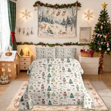 Imagem de Conjunto de edredom infantil Quebra-Nozes, Feliz Natal, pinheiro, decoração de quarto de meninas, meninos, festivais de Natal, inverno, férias, edredom, bege, verde, conjunto de colcha, 2 fronhas