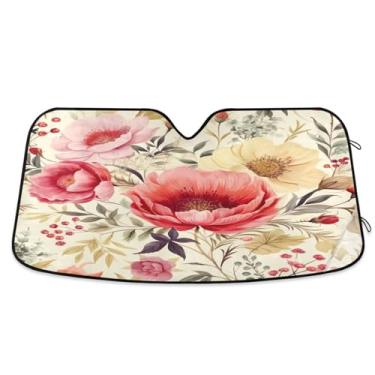Imagem de ATTX Para-brisa de carro flores rosa 144.8 cm x 80.0 cm escudo solar universal com proteção UV, persiana de janela frontal automática dobrável para caminhões Sedans SUVs #688