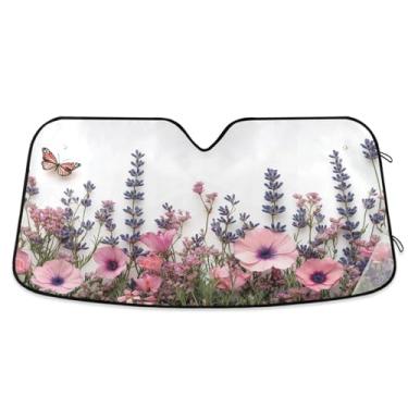 Imagem de ATTX Para-brisa de carro flores silvestres rosa 139.7 cm x 70.1 cm escudo solar universal com proteção UV, persiana de janela frontal automática dobrável para caminhões Sedans SUVs #372
