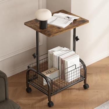 Imagem de Mesa Lateral, Mesa Lateral para Sofá, Mesa de Canto Móvel, com Cesto e Altura Ajustável, Adequado para Salas de Estar, Quartos e Escritórios