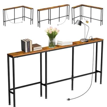 Imagem de Mesa de sofá com console estreito de 178 cm com tomadas elétricas e 2 portas USB, mesa de sofá fina em forma de L, 3 opções de montagem, mesas de entrada com estação de carregamento para sala de estar