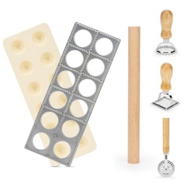 Imagem de Conjunto de 5 peças de máquina de ravióli, cortador de ravioli e molde de ravioli com rolo de madeira, prensa quadrada de 5 cm para ravioli italiano caseiro, ferramentas de fabricação de massa de