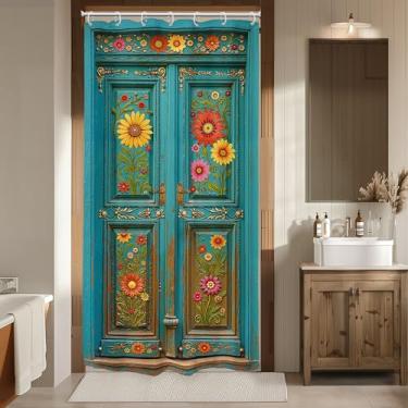 Imagem de Riyidecor Cortina de chuveiro pequena para porta de celeiro 91 cm L x 182 cm A vintage RV única rústica verde azul-petróleo floral retrô madeira país estreito decoração de banheiro tecido poliéster