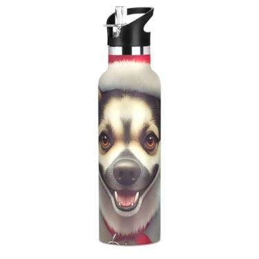 Imagem de Garrafa de água isolada de 590 ml com tampa e alça de palha, garrafa de água escolar a vácuo de parede dupla, copo de aço inoxidável sem BPA, fofo cachorro branco de Natal