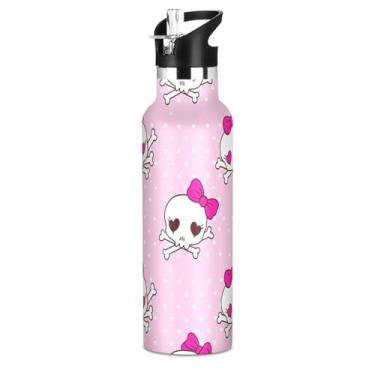 Imagem de Joisal Garrafas de água de aço inoxidável isoladas de 590 ml com tampa de canudo para bebidas frias ou quentes, lindos crânios rosa com desenho animado livre de BPA copo de viagem à prova de vazamento