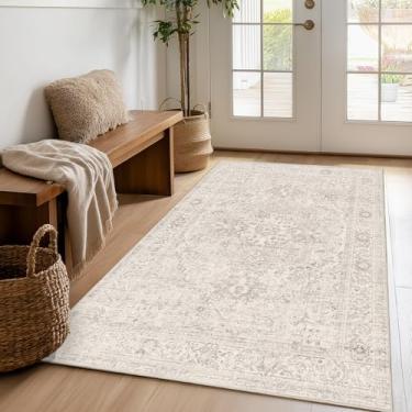 Imagem de FMFUNCTEX Tapete lavável 3x5 bege, vintage, neutro, desgastado, antiderrapante, camada baixa, tradicional, retrô, para entrada de entrada, tapete macio, sala de estar, quarto, cozinha, jantar