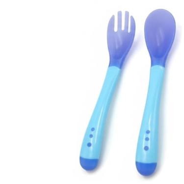 Imagem de Jogo Colher e Garfo Infantil Termossensível para Bebê - Talheres Infantis de Silicone que Muda de Cor com a Temperatura, Kit Introdução Alimentar Segura - Shop100 (Azul)