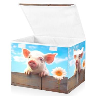 Imagem de Blueangle Cestos de armazenamento Pretty Little Pig com tampas, 42 x 32 x 30 cm, grande cesta organizadora dobrável para decoração de escritório e armário (174)