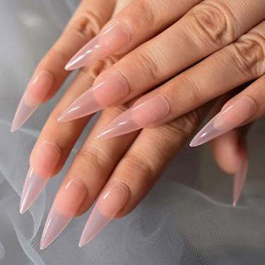 Imagem de French Tips Kits de unhas postiças de acrílico unhas longas de pressão rosa transparente e brilhante Stiletto Stick on Nails para mulheres, 24 peças/conjunto