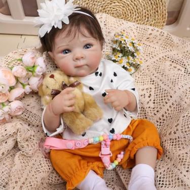 Imagem de Boneca Bebê Reborn Menina Olhos Azuis Corpo de Silicone Realista Pintado Original 48cm Com Acessórios