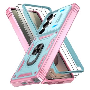 Imagem de Gritup Capa para Samsung Galaxy S25 Ultra com capa de câmera deslizante | 2 peças de protetor de tela, suporte de anel giratório de 360°, capa protetora de telefone de grau militar, verde + rosa
