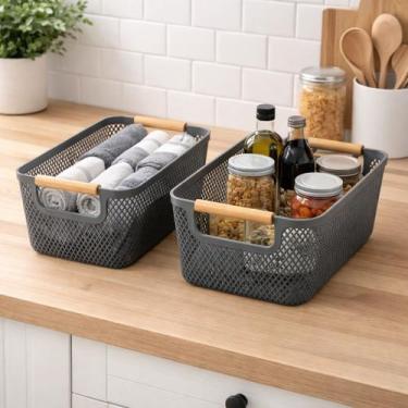 Imagem de Kit Com 2 Cestos Organizador Plástico Multiuso Com Alça Madeira Bambu 