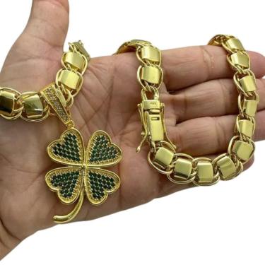 Imagem de Cordão 10Mm Dubai + Pingente Trevo Da Sorte - Banhado A Ouro