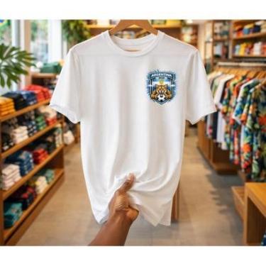 Imagem de Camiseta Masculina Argentina Escudo Futebol Estampa Torcida Pequena Peito Branca Camisa...