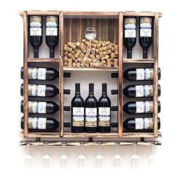 Imagem de Adega de Parede em Madeira Maciça para 15 garrafas de Vinho com Porta Rolhas e Taças - Rústica