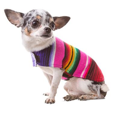Imagem de Roupas para cães – Poncho de cachorro feito à mão – Fantasia de Chihuahua Cinco de Mayo da autêntica manta mexicana (rosa, PPP)
