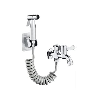Imagem de LIDON Conjunto de bidê de mão jato spray para pano de vaso sanitário pulverizador de fraldas para pia modo duplo 2m mangueira bidê pulverizador cabeça cromada G1/2 torneira dupla para máquina de lavar, escovado (cor: escovado)
