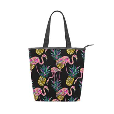 Imagem de Bolsa feminina de lona durável tropical verão flamingo rosa abacaxi grande capacidade sacola de compras bolsa de ombro