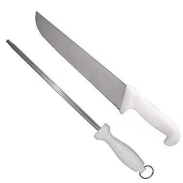 Imagem de Kit Faca Açougue Churrasco Cozinha Aço Inox 10" com Chaira 10" Cabo Branco
