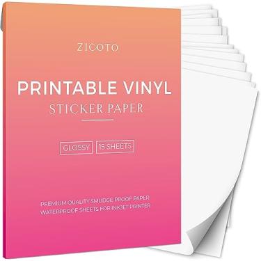 Imagem de ZICOTO Papel adesivo de vinil premium para impressão - folhas brancas brilhantes de 21,5 x 28 cm para sua impressora a jato de tinta ou laser - 15 folhas de papel decalque à prova d'água secam rapidamente e seguram a tinta lindamente