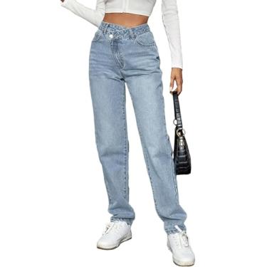 Imagem de SweatyRocks Calça jeans feminina cintura alta perna reta cintura assimétrica calça jeans, Azul claro liso, 28