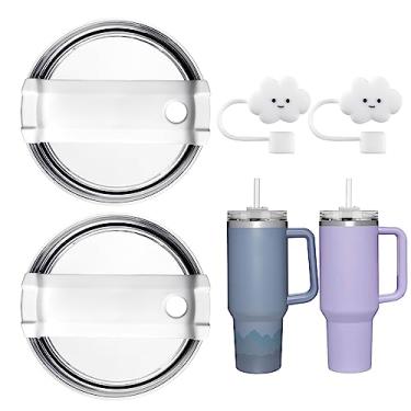 Imagem de AUAUY 2 tampas de copo com 2 capas de palha à prova de poeira para Stanley Quencher H2.0 1,13 g e Stanley Adventure Quencher 1,13 g, tampas de substituição à prova de vazamento, tampas brancas para copos