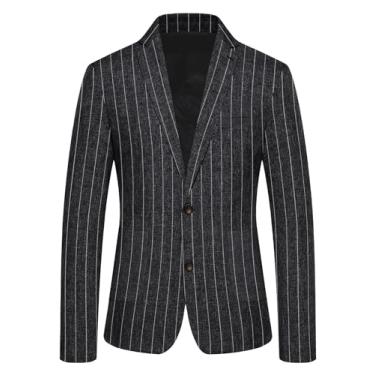Imagem de Runcati Casaco esportivo masculino casual, listrado, algodão, linho, blazer com dois botões, leve, caimento justo, Preto, Medium