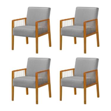 Imagem de Kit 4 Poltronas Decorativa Base em Madeira Maciça e Corda Náutica Copacabana Linho Cinza