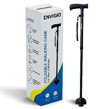 Imagem de Envigio Bengala de caminhada dobrável para homens e mulheres | Bengala de pé livre | Ponta de pivô, resistente | Altura ajustável | Alças em T confortáveis | Bengala de alumínio dobrável | Bengala de