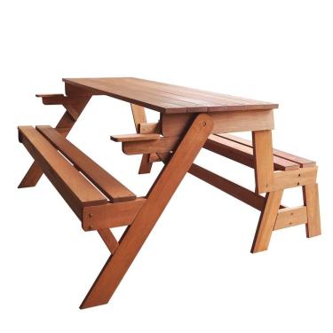 Imagem de Banco que Vira Mesa 1,80 Metros 6 Lugares, em Cera, Madeira Maciça e Eucalipto Marrom