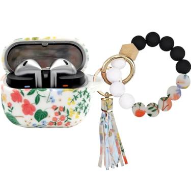 Imagem de PowerDriver Capa compatível com Samsung Galaxy Buds 3 e Galaxy Buds 3 Pro (2024), linda capa protetora de silicone de carregamento sem fio com pulseira chaveiro para mulheres e meninas (flor)