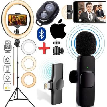 Imagem de Kit Blogueiro Tripé Pedestal Microfone Lapela Sem Fio Para Celular iOS