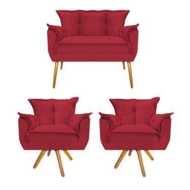 Imagem de Kit Namoradeira e 02 Poltronas Opala Base Giratória de Madeira Suede V