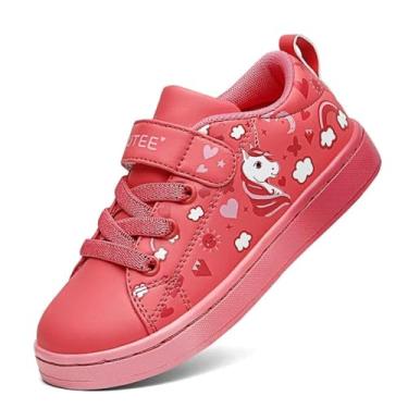 Imagem de GEERX Tênis esportivo esportivo leve infantil unicórnio casual com tira ajustável antiderrapante confortável para corridas de caminhada (bebês/crianças/crianças), Coral, 5 Toddler
