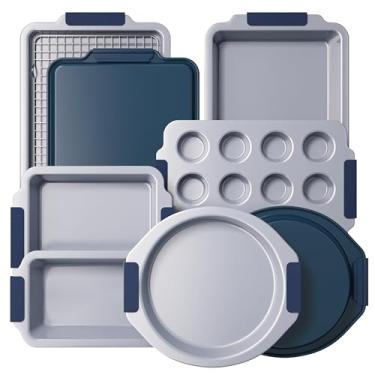 Imagem de BRONYPRO Conjunto de utensílios de cozinha de cerâmica antiaderente (9 peças), conjunto de assadeiras de aço aluminizado resistente com alças de silicone, inclui assadeiras, formas de pão, forma de