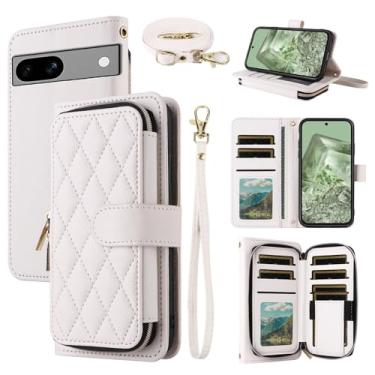 Imagem de Dswteny Argyle Capa carteira para Google Pixel 7A 5G 2023 com alça de pulso, zíper couro PU flip suporte para cartão de crédito acessórios capa de celular para Pixel7A A7 mulheres meninas branco