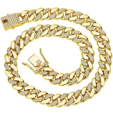 Imagem de JUNVirtuous Corrente de elos cubanos masculina Iced Out Miami, colar cubano de prata/ouro, joia hip hop com diamante brilhante para mulheres, Ouro, Zircônia cúbica