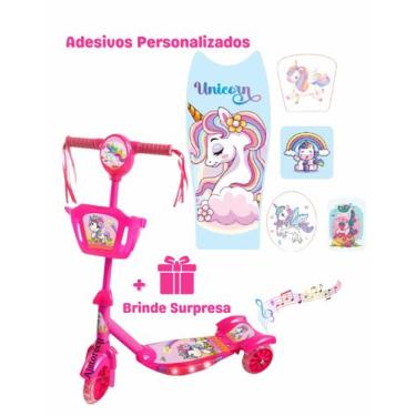 Imagem de Patinete Menina Unicórnio Rosa Musical Com Cesta e 3 Rodas + Envio par