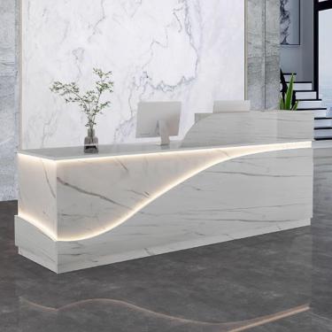 Imagem de Mesa de recepção moderna para escritório, mesa de balcão de recepção, recepção de recepção, mesa de balcão de escritório madeira projetada com tiras de luz para salões de beleza, textura branca, 120