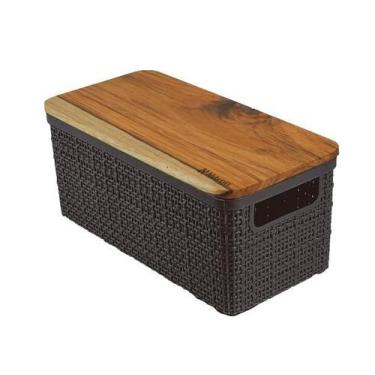 Imagem de Cesto juta alongado g preto c/tampa de madeira nitron
