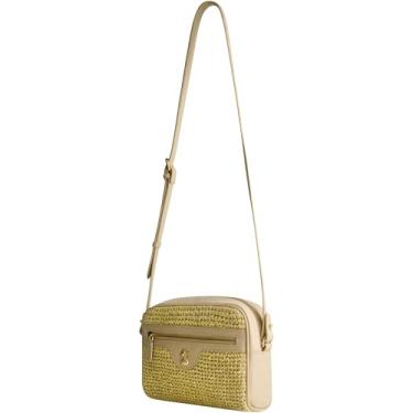 Imagem de Bolsa para câmera Tommy Bahama, mini bolsa de ombro feminina com design de tecido e alça de ombro ajustável, bege, Bronzeado