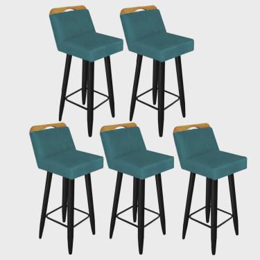 Imagem de Kit 05 Banqueta Alta Encosto Lith Para Cozinha Bar Balcão Bistrô Pé Palito Preto Suede Azul Turquesa - Ahz Móveis