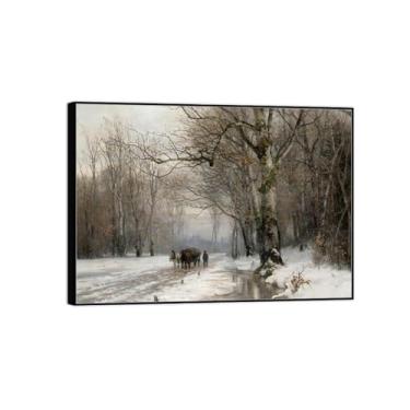 Imagem de Pintura de arte de parede em tela de paisagem, imagem de natureza-impressão em tela-inverno com carrinho de cavalo - pôster de moldura preta e impressões para decoração de casa moderna 40 x 55 cm 16 x