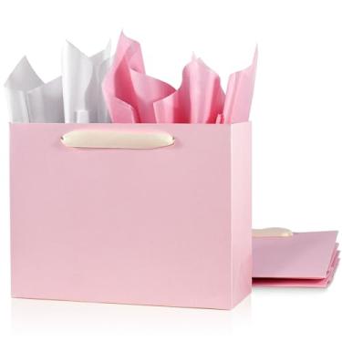 Imagem de Pacote com 3 sacos de presente rosa extragrandes 37 x 13 x 30 cm com papel de seda, sacos de compras de papel kraft com alças de fita, perfeitos para embrulho de varejo, aniversários, casamentos